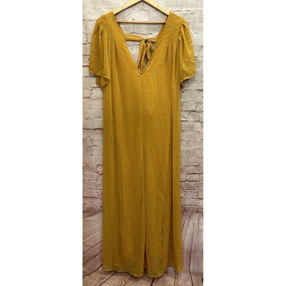Fashion Nova Jumpsuit XL Wide Leg Crepe Chiffon Mustard Yellow NEW Short Sleeve